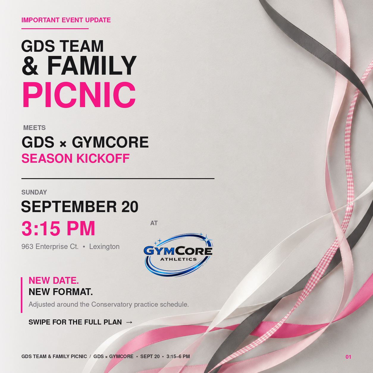 GDS Team Family Picnic and GDS × GymCore Season Kickoff, September 20 from 3:15 to 6 PM
